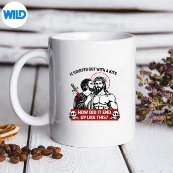 ItStartedOutWithAKissJesusJudasSarcasticReligiousParodymug