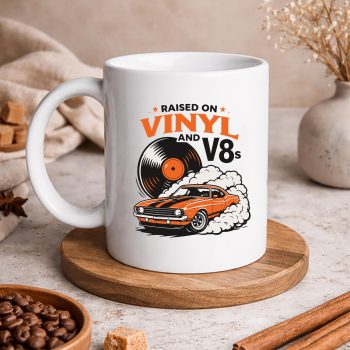 RaisedonVinylandV8sRetroCarMusicmug