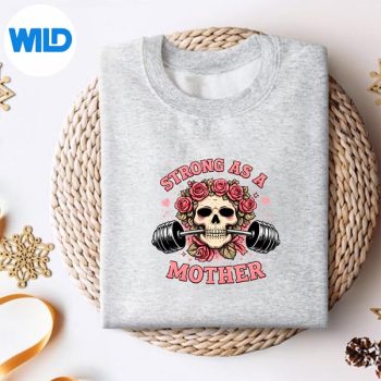 Alternative view of Strong As A Mother Pink Floral Skull Workout Design Badass Mom Weightlifting SVG PNG