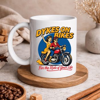 DykesonBikeRetro1950sButchLesbianMotorcycleLGBTmug