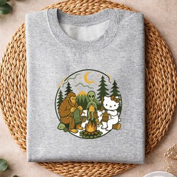 Alternative view of Hello Kitty Knitting, Hello Kitty Bigfoot Alien Campfire Knitting Friends Retro Knit SVG PNG
