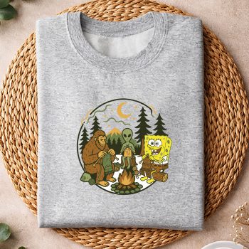 Alternative view of Spongebob Knitting, Spongebob Bigfoot Alien Campfire Knitting Friends Retro Knit SVG PNG