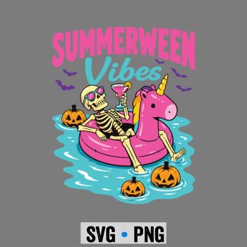Summerween Skeleton SVG, Summerween Vibes Funny Summer Skeleton Unicorn Halloween SVG PNG