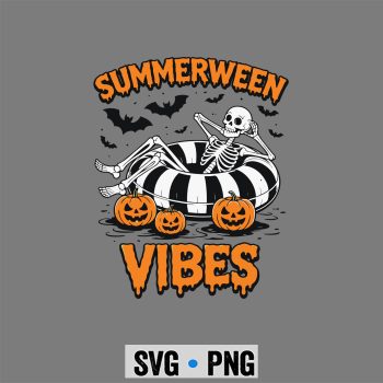 Summerween Skeleton Pool SVG, Summerween Vibes Skeleton Floating Pool Pumpkin Halloween SVG PNG
