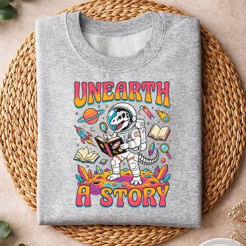 Alternative view of TRex Astronaut Reading SVG, Unearth A Story TRex Astronaut Summer Reading SVG PNG