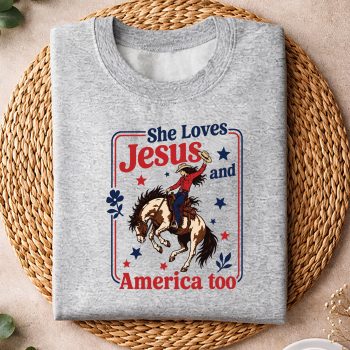 Alternative view of Loves Jesus Cowgirl SVG, She Loves Jesus America Too Christian 4th of July Cowgirl SVG PNG