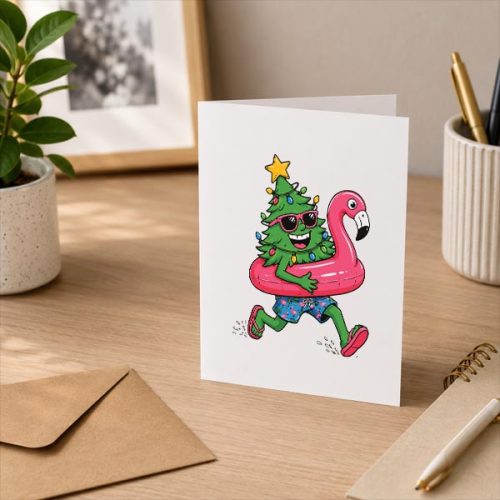 Christmas In July Christmas Tree Flamingo Float Greeting Card 3 Christmas In July Christmas Tree Flamingo Float Greeting Card