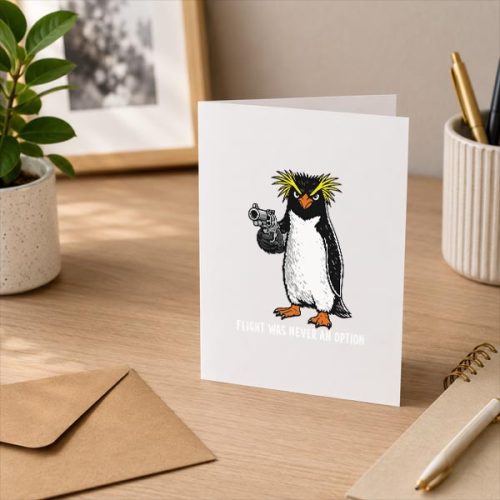 Flight Was Never An Option Rockhopper Penguin Gun Meme Greeting Card