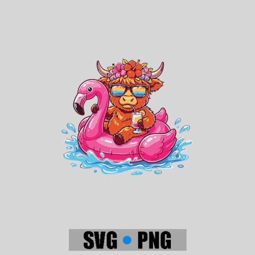 Highland Cow On Flamingo Float Hawaii Tropical Summer PNG SVG 1 Highland Cow On Flamingo Float Hawaii Tropical Summer PNG SVG