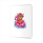 Highland Cow On Flamingo Float Hawaii Tropical Summer Greeting Card
