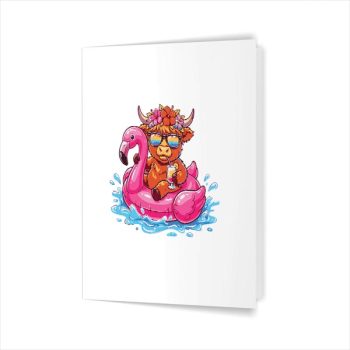 Homepage 82 Highland Cow On Flamingo Float Hawaii Tropical Summer Greeting Card