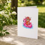 Highland Cow On Flamingo Float Hawaii Tropical Summer Greeting Card