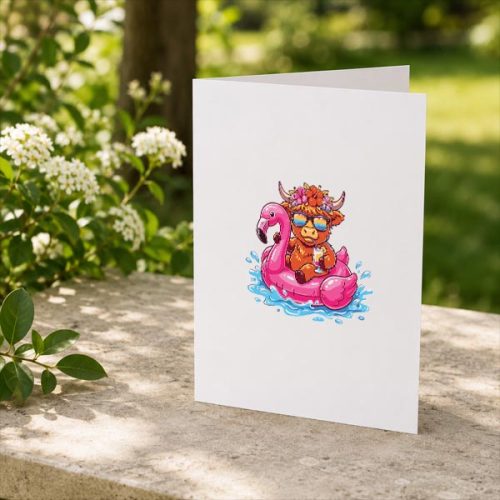 Highland Cow On Flamingo Float Hawaii Tropical Summer Greeting Card 2 Highland Cow On Flamingo Float Hawaii Tropical Summer Greeting Card