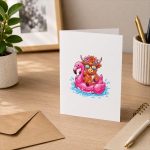 Highland Cow On Flamingo Float Hawaii Tropical Summer Greeting Card