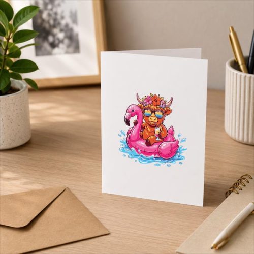 Highland Cow On Flamingo Float Hawaii Tropical Summer Greeting Card 3 Highland Cow On Flamingo Float Hawaii Tropical Summer Greeting Card