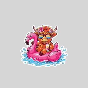 Homepage 148 Highland Cow On Flamingo Float Hawaii Tropical Summer Sticker