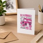 In October We Wear Pink Pumpkin Bus Breast Cancer Halloween Greeting Card