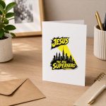 Jesus The Real Superhero Cityscape Illustration Greeting Card
