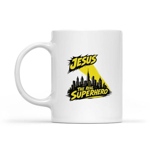 Jesus The Real Superhero Cityscape Illustration Mug 1 Jesus The Real Superhero Cityscape Illustration Mug