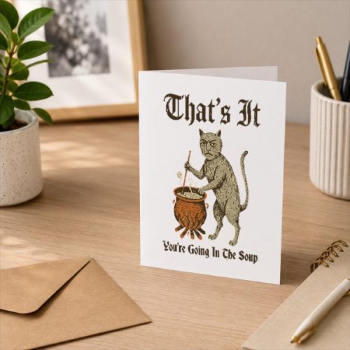 Medieval Cat Silly Saying Thats It You Are Going In The Soup Greeting Card