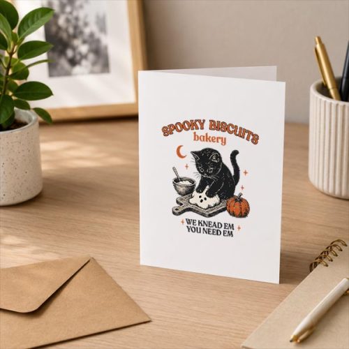 Spooky Biscuits Bakery Black Cat Halloween Pumpkin Greeting Card