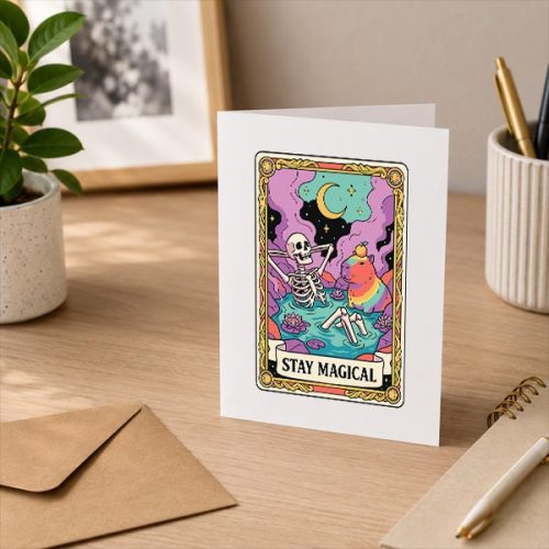 Stay Magical Skeleton Capybara Tarot Card Tops Greeting Card