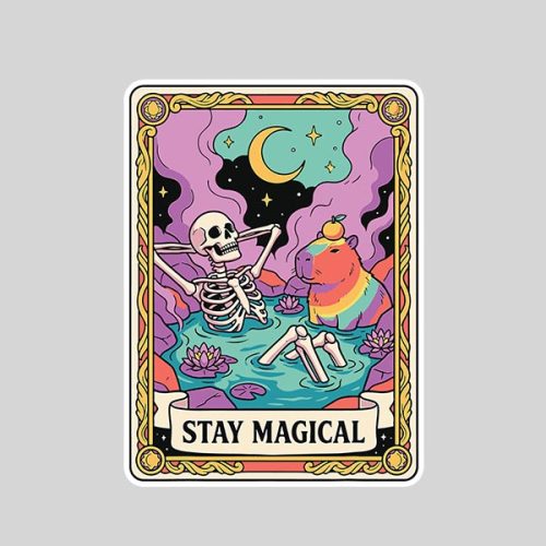 Stay Magical Skeleton Capybara Tarot Card Tops Sticker