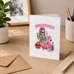 Summerween Girl Skeleton Coquette Leopard Bow Greeting Card
